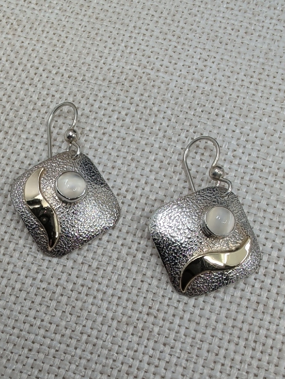Two-tone 925 Sterling Silver Moonstone Earrings Artisan Vintage 90s Handmade
